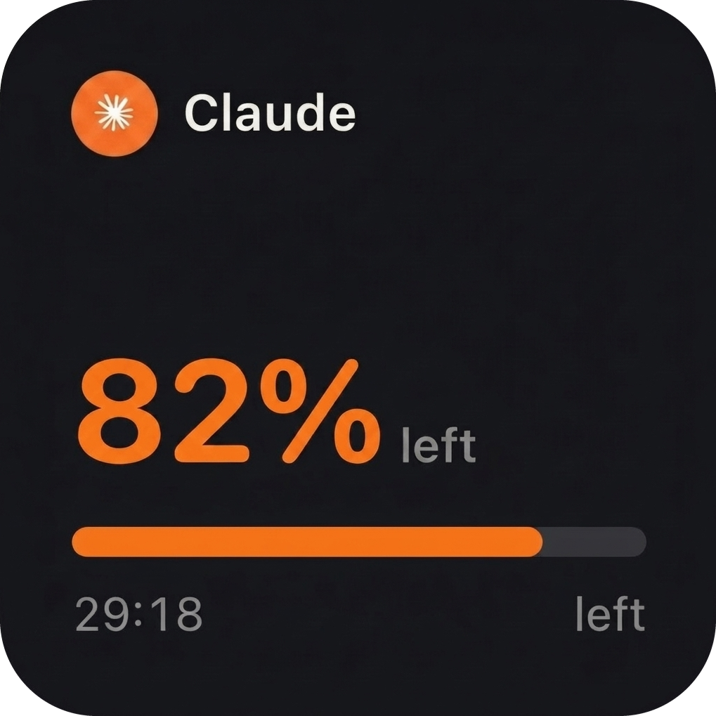 Tokens small widget: Claude 82% left, 29:18 remaining